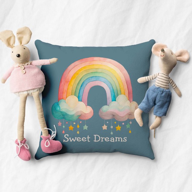 Kids Whimsical Pastel Rainbow in Clouds Throw Pillow (Creator Uploaded)