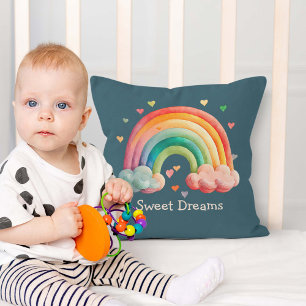 Kids Whimsical Pastel Rainbow in Clouds Throw Pillow