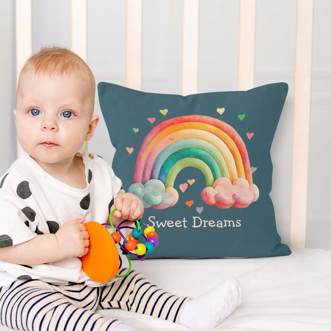 Kids Whimsical Pastel Rainbow in Clouds Throw Pillow (Creator Uploaded)