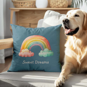 Kids Whimsical Pastel Rainbow in Clouds Throw Pillow