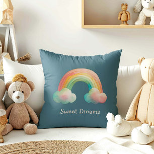Kids Whimsical Pastel Rainbow in Clouds Throw Pillow