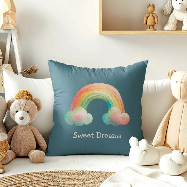 Kids Whimsical Pastel Rainbow in Clouds Throw Pillow (Creator Uploaded)
