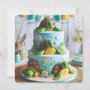 Kids Whimsical Turtle Themed Birthday Cake Invitation