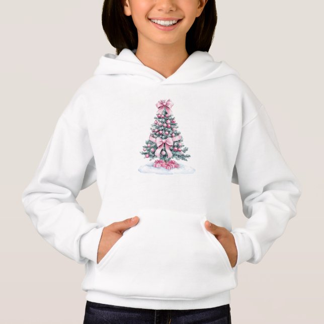 Kids White Christmas Tree Holiday Apparel Hoodie (Front)