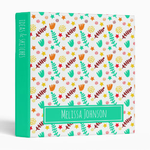 Kids White & Turquoise Playful Botanical Pattern 3 Ring Binder