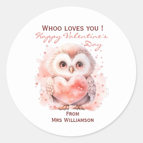 Kids Whoo Loves You Classroom Valentines  Classic Round Sticker