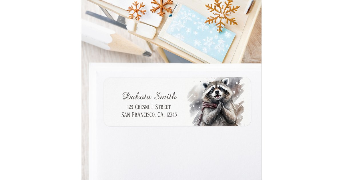 Kids Winter Watercolor Raccoon Return address Label | Zazzle