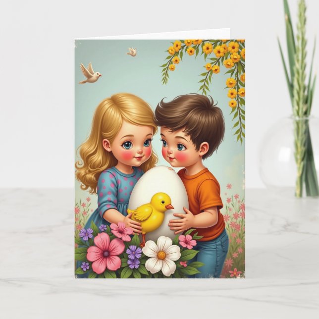 Kids With Egg Springtime Scene Card (Front)