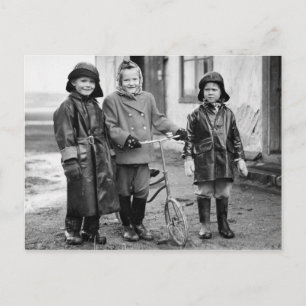 Kids with old Bicycle 1855 vintage B&W photo Postcard