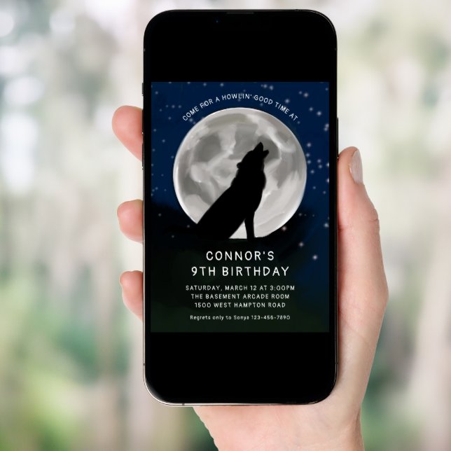 Kids Wolf Howling at the Moon Wolves Party Invitation (Front Digital)
