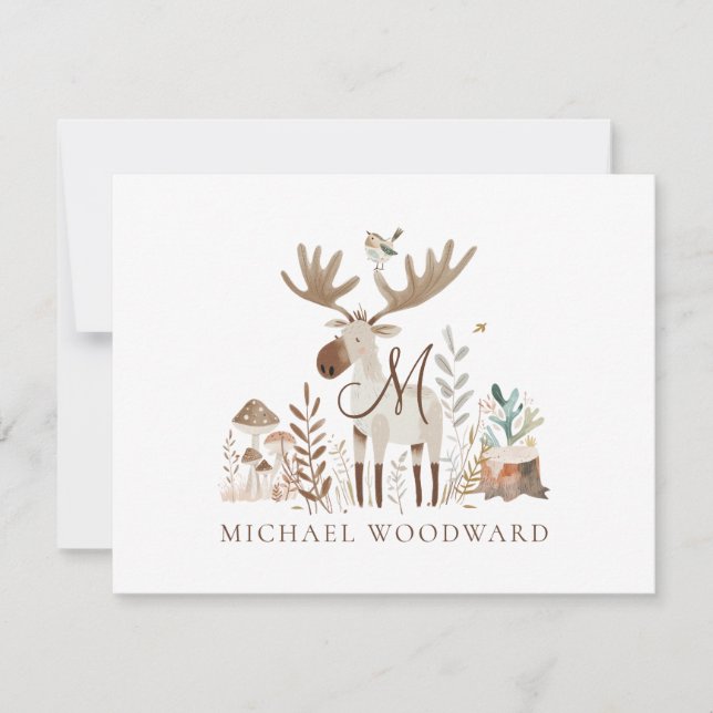 Kid's Woodland Animals Monogrammed Flat Note Card (Front)