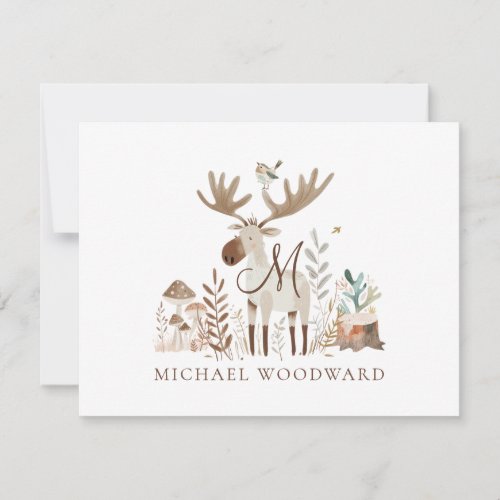 Kids Woodland Animals Monogrammed Flat Note Card