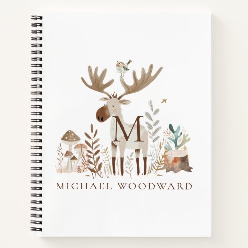 Kids Woodland Animals Monogrammed Flat Note Card Notebook