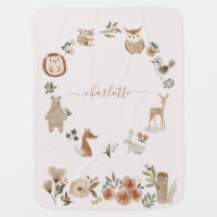 Kids Woodland Animals Personalized Name Watercolor Baby Blanket