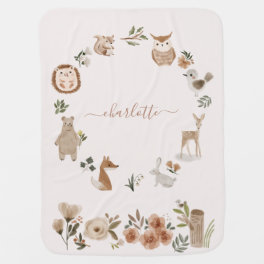 Kids Woodland Animals Personalized Name Watercolor Baby Blanket