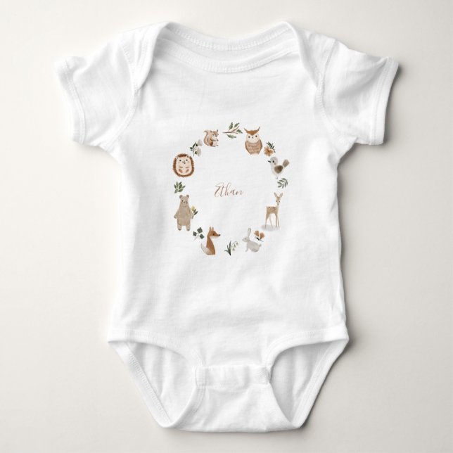 Kids Woodland Animals Personalized Name Watercolor Baby Bodysuit (Front)