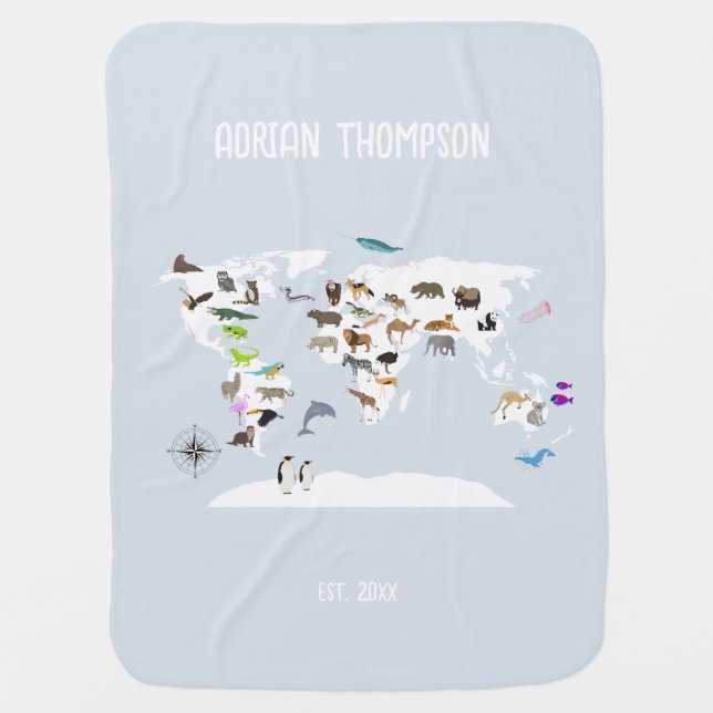 Kids World Map Animals Baby Blanket (Front)