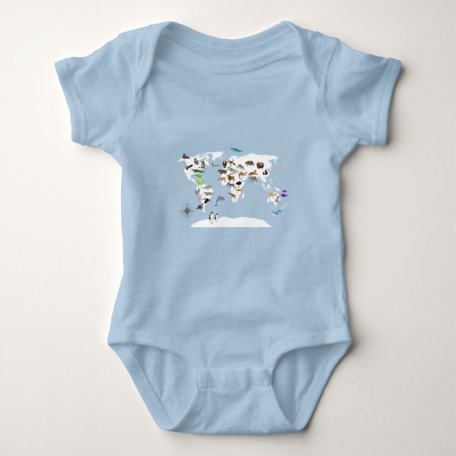 Kids World Map Animals Baby Bodysuit (Front)