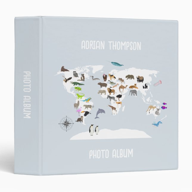 Kids World Map Animals Children's Photo Album 3 Ring Binder (Front/Spine)