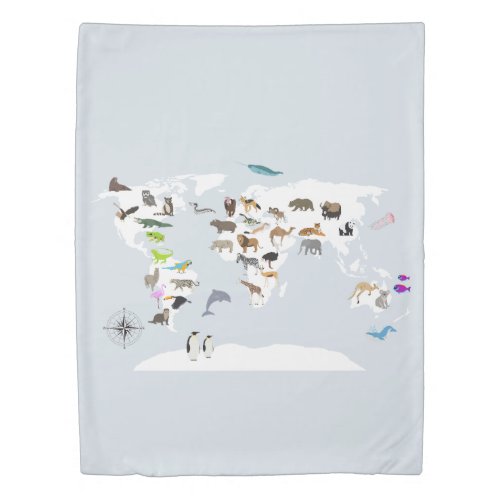 Kids World Map Animals Duvet Cover