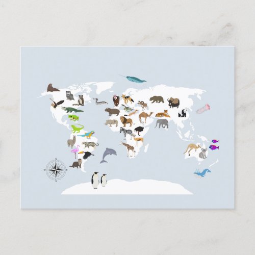 Kids World Map Animals Holiday Postcard