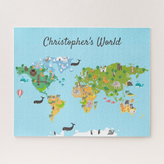 Kids World Map Animals Modern Monogram Name fun Jigsaw Puzzle (Horizontal)