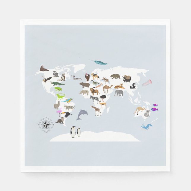 Kids World Map Animals Napkins (Front)