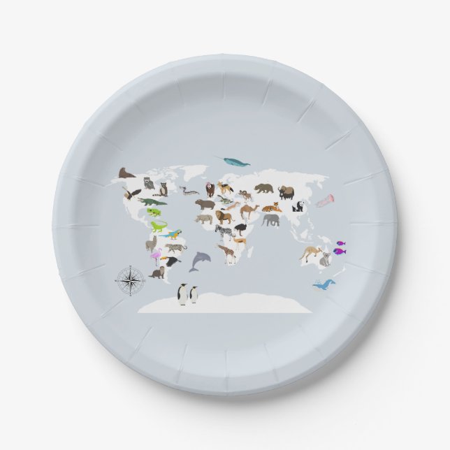 Kids World Map Animals Paper Plates (Front)