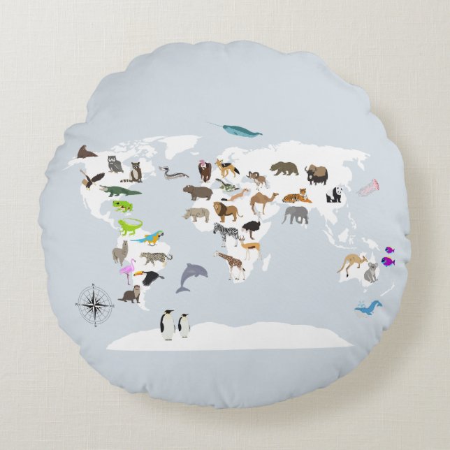 Kids World Map Animals Round Pillow (Front)