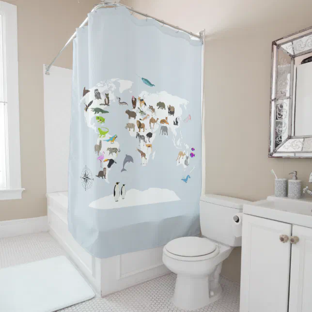 Kids World Map Animals Shower Curtain | Zazzle