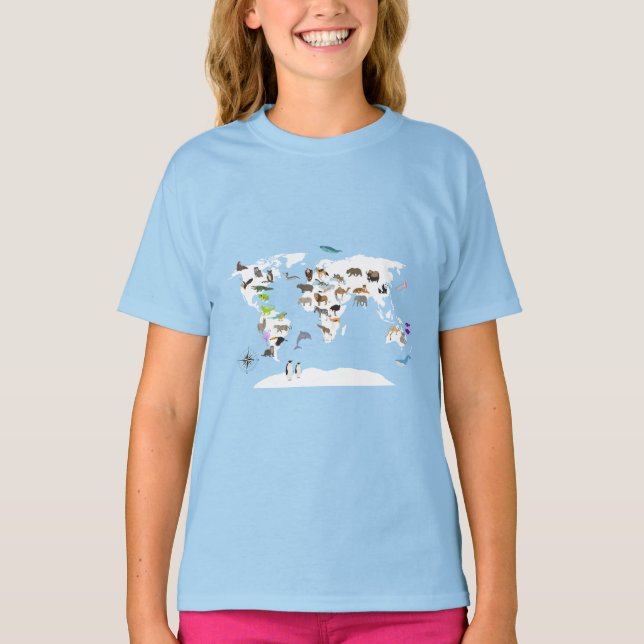 Kids World Map Animals T-Shirt (Front)