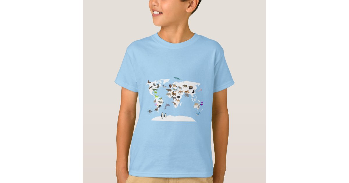 Kids World Map Animals T-Shirt | Zazzle