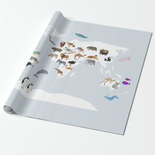 Kids World Map Animals Wrapping Paper