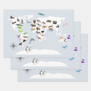 Kids World Map Animals Wrapping Paper Sheets