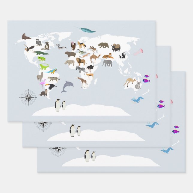 Kids World Map Animals Wrapping Paper Sheets (Set)