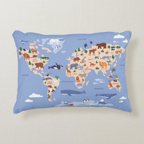 Kids World map Cute Whimsical Modern Accent Pillow