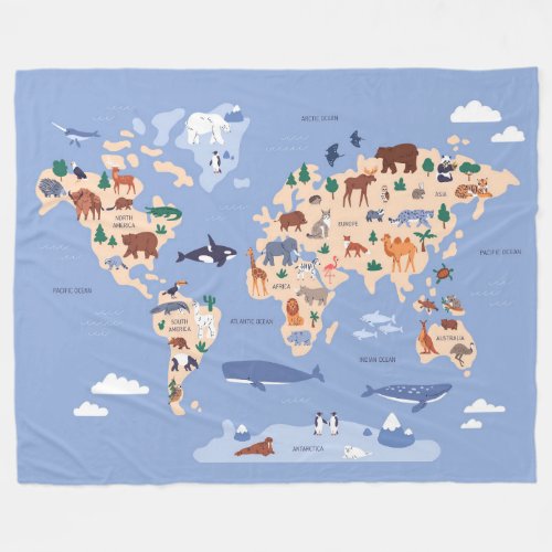 Kids World map Cute Whimsical Modern Fleece Blanket