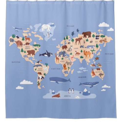 Kids World map Cute Whimsical Modern Shower Curtain