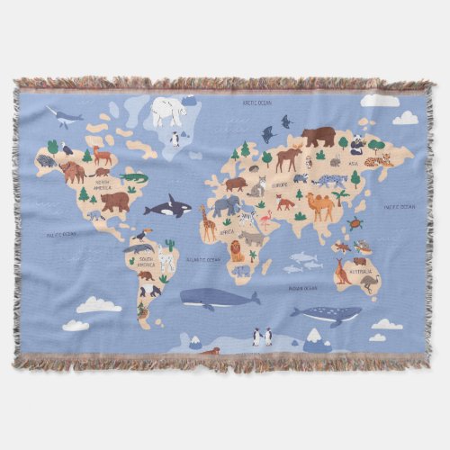 Kids World map Cute Whimsical Modern Throw Blanket