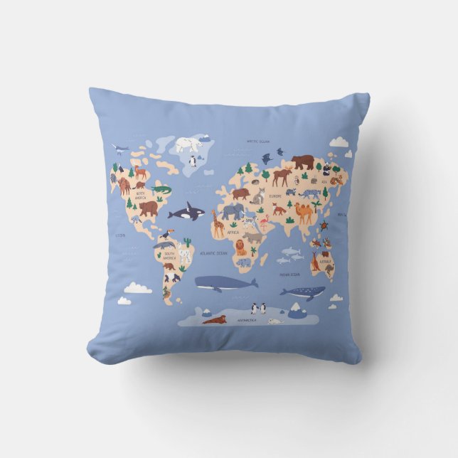 Kids World map Cute Whimsical Modern Throw Pillow (Front)