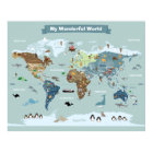 Kids World Map with Animals and Landmarks