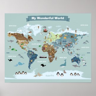 Kids World Map with Animals and Landmarks Poster