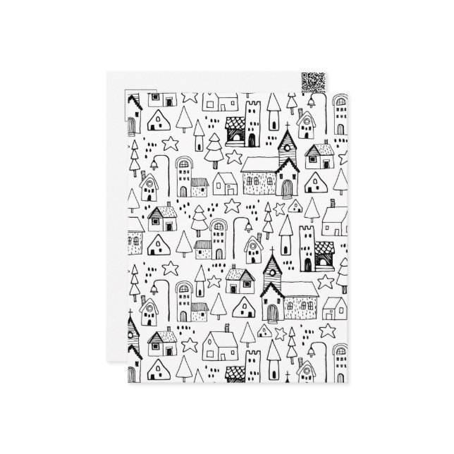 Kids Xmas Village Whimsical Black & White Invite (Front/Back In Situ)