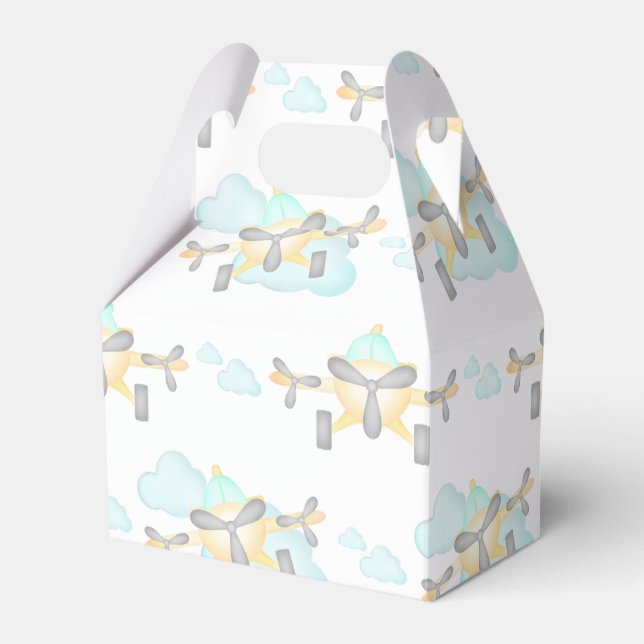 Kids Yellow Airplane Flying Aviation Birthday Favor Boxes (Front Side)