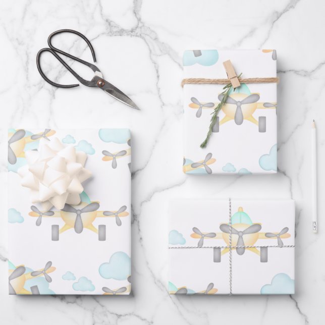 Kids Yellow Airplane Flying Aviation Birthday Wrapping Paper Sheets (Front)