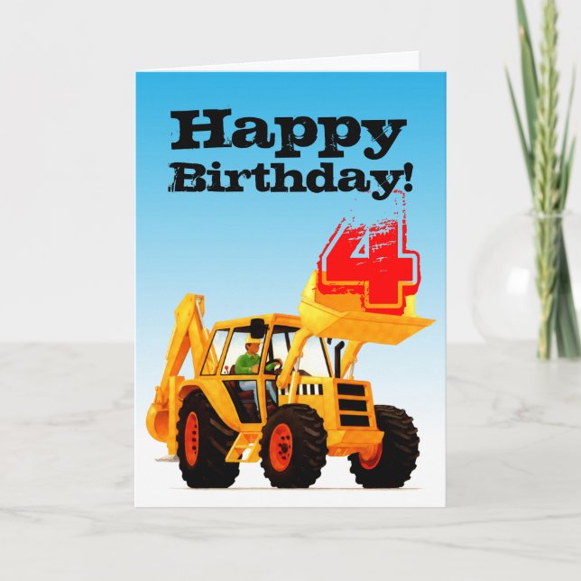 Kid's Yellow Digger Custom 4th Birthday Card (Front)