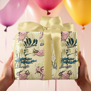 Kids Yellow & Pink Underwater Axolotl Drawing Wrapping Paper