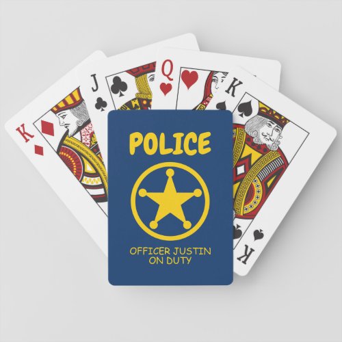 Kids yellow police officer badge custom name poker cards
