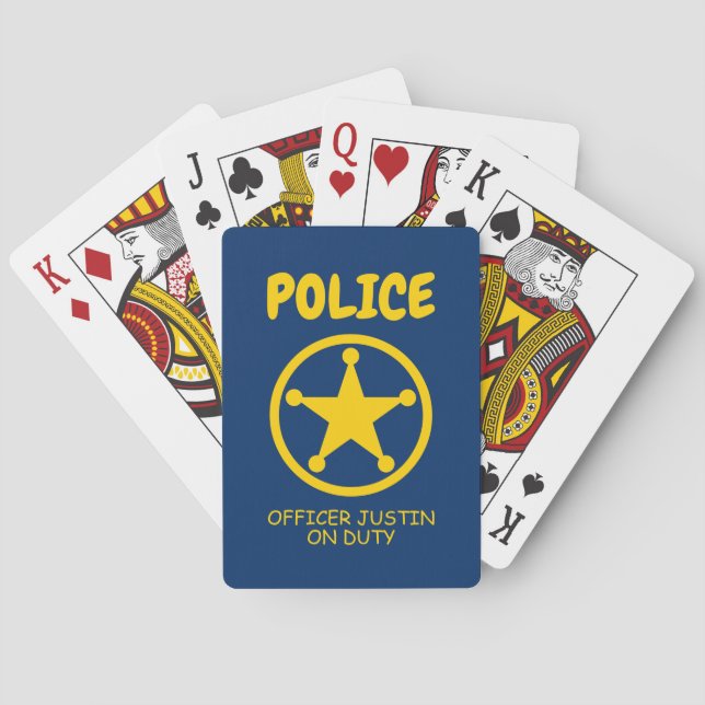 Kid's yellow police officer badge custom name poker cards (Back)
