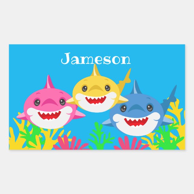 Kids Yellow Shark & Family Birthday Celebration  Rectangular Sticker (Front)